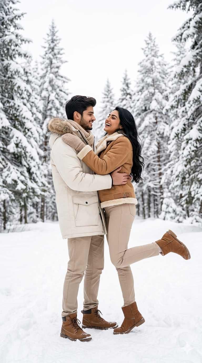 Romantic couple gemini ai prompt enjoying snow free