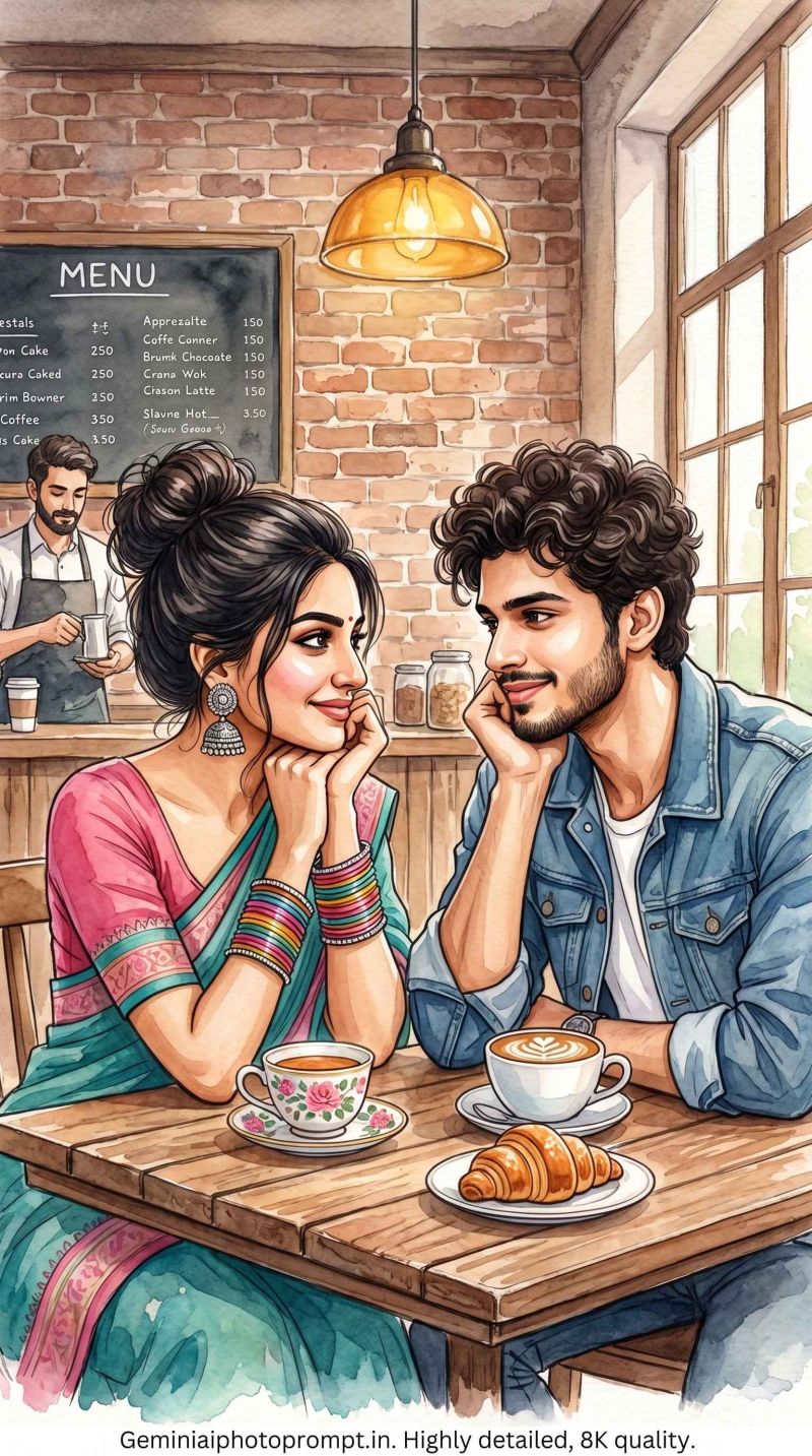 Romantic watercolor couple portrait prompt